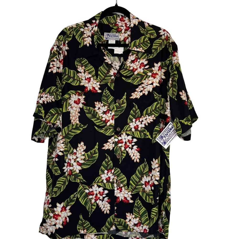 Mens L HAWAIIAN SHIRT original Kalakaua HANA Black Aloha Travel w front Pocket.